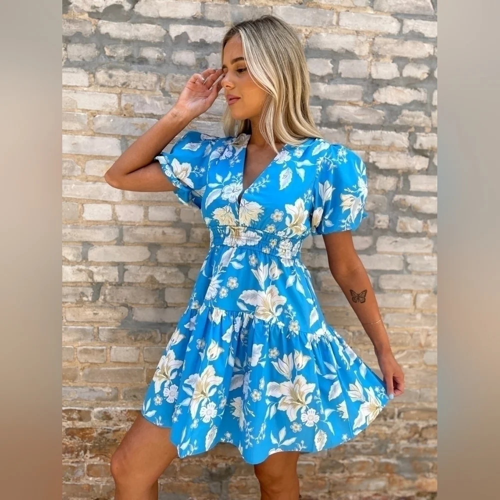 NWT MINKPINK Zinnia Mini Dress in Blue Multi - Picture 1 of 17
